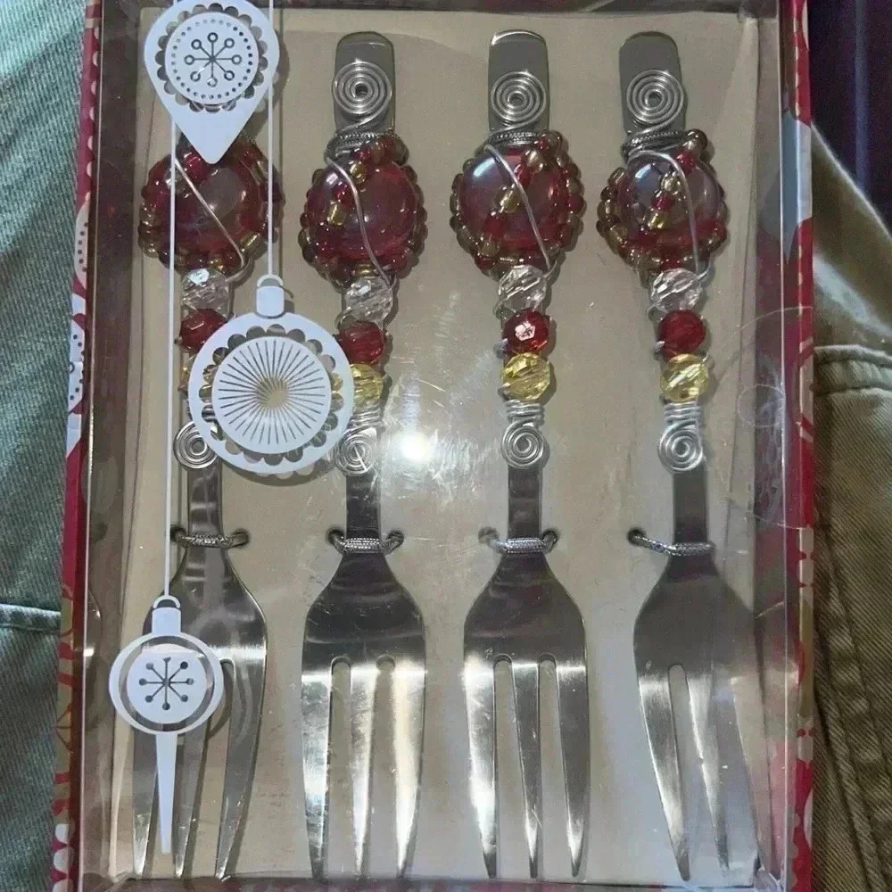 Wild Eye Design Cocktail Christmas Stainless Forks Handcrafted Beaded 3 Prong